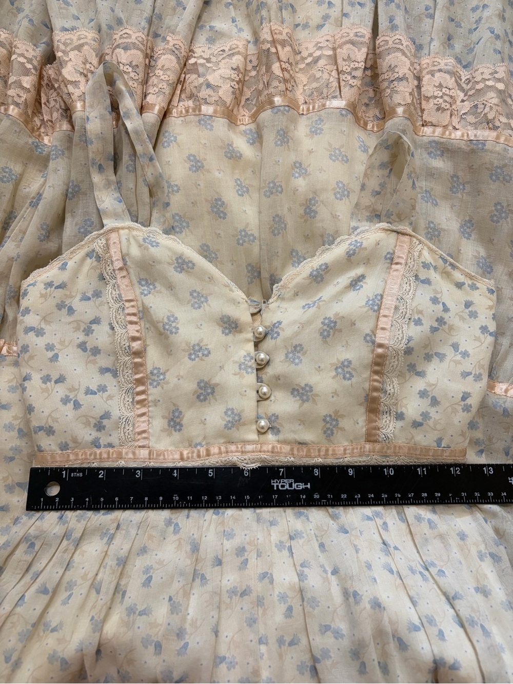 Gunne Sax Vintage Floral Tiered Maxi Sundress Lace Trim Boho Cream Beige Size 7 - Picture 11 of 14